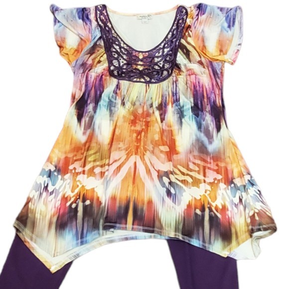 One World Purple Multi-color‎ 2 Piece Blouse and Capri Pants Set Sz Med - Picture 5 of 9